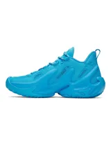 Championes de básquetbol Under Armour Curry 13, color azul vibrante. Presentan un diseño técnico con parte superior textil y ventanas moldeadas para mayor transpirabilidad, entresuela con tecnología de amortiguación para retorno de energía y suela exterior UA Flow para tracción superior en la cancha.
