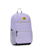 Mochila Caterpillar modelo Liam color lila con base negra, bolsillo frontal con cierre, bolsillos laterales de red y parche con el logo de la marca.