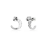 Par de aros tipo argolla abierta bañados en rodio, con incrustaciones de Swarovski Zirconia transparentes de tamaño creciente y perlas Swarovski Crystal Pearl blancas en la parte superior.