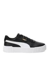 Championes Puma Carina 3.0, modelo deportivo para mujer en color blanco con franja lateral negra y suela de plataforma texturizada.