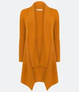 Cardigan largo de punto texturizado color ladrillo, con abertura frontal y terminación en puntas.