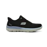 Championes deportivos Skechers Slip-ins Summits Sweet Skies, color negro con detalles en celeste y suela gris. Confeccionados con malla técnica sin cordones tradicionales y tecnología Air-Cooled Memory Foam.