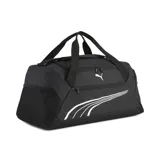 Bolso deportivo Puma color negro con logo blanco y rayas blancas en el frente. Tiene doble asa de mano y correa de hombro ajustable.