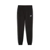 Pantalón de jogging negro con cintura elástica, cordón ajustable y logo de Puma estampado en blanco. Presenta una franja blanca vertical a lo largo de cada pierna.