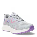 Championes deportivos Push modelo Colorado, color gris con detalles en violeta y líneas fucsias. Presentan capellada de malla transpirable, refuerzos sintéticos, cierre con cordones y suela de goma con relieve.