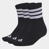 Pack de tres pares de medias Adidas de corte medio, color negro con las tres rayas características en blanco en la parte superior y logo de la marca en la puntera. Cuentan con amortiguación en la planta y refuerzo en el arco.