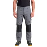 Pantalón de trabajo técnico color gris con refuerzos en color negro en las rodillas y bolsillos laterales tipo cargo. Presenta un diseño ergonómico y resistente, ideal para tareas de alta exigencia.