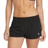 Short de baño Volcom modelo Simply Solid en color negro, con cintura elástica fruncida y pequeño logo redondo de la marca en la pierna izquierda.