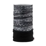Cuello multifuncional Buff con diseño de tejido polar en la parte inferior y estampado geométrico en tonos grises y negros en la parte superior.