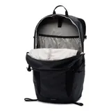 Mochila técnica Columbia Triple Canyon de 24 litros, color negro, diseñada para senderismo. Cuenta con panel trasero de malla transpirable, tirantes acolchados, compartimento compatible con hidratación, bolsillos laterales para botellas, fijaciones para bastones de trekking y funda impermeable incluida.