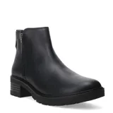 Botas cortas de cuero negro con textura granulada, cierre lateral y suela de goma con taco cuadrado bajo.