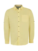 Camisa de manga larga RKF modelo Galiton, color amarillo. Confeccionada en popelina de algodón orgánico, presenta cuello con botones, bolsillo en el pecho con logo bordado, botones de madera y mangas ajustables.