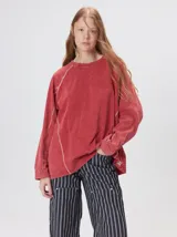 Remera de manga larga con cuello redondo, confeccionada en algodón con efecto lavado. Presenta costuras decorativas en color contrastante en sisas, mangas y frente, con un corte holgado y logo bordado en el frente.