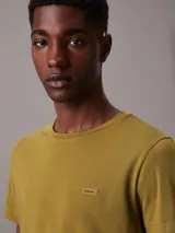 Remera verde oliva de corte slim, cuello redondo y manga corta. Tiene un pequeño parche con el logo de Calvin Klein en el pecho.