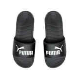 Sandalias tipo chinela Puma Popcat 20, color negro, con tira ancha superior que presenta el logo Puma en blanco.