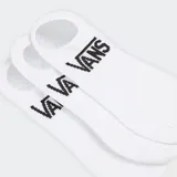 Pack de tres pares de medias invisibles Vans color blanco, con logo impreso en la parte superior del talón.