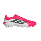 Championes de fútbol Adidas Predator League FG, diseñados para ofrecer precisión y control. Presentan un diseño bicolor en fucsia y blanco con las icónicas tres tiras en negro y detalles en amarillo neón. Incorporan tecnología Nanostrike para mejorar el contacto con el balón.