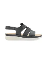 Sandalia de cuero negro estilo cangrejera, con tiras elásticas con glitter, suela anatómica liviana de color blanco y tira trasera ajustable con velcro.