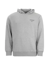 Buzo con capucha de color gris jaspeado, confeccionado en tejido de algodón, con bolsillo tipo canguro frontal y logo pequeño estampado en el pecho.