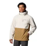 Campera impermeable Columbia con diseño bicolor en tonos beige y marrón. Cuenta con capucha ajustable, cierre frontal, bolsillo en el pecho con cierre y bolsillos laterales. Presenta puños ajustables y dobladillo con cordón.