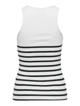 Top sin mangas de tejido acanalado, con cuello redondo y diseño ajustado. Presenta un estampado de rayas horizontales negras sobre fondo blanco en la parte inferior.