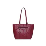 Bolso tipo tote burdeos con diseño geométrico acolchado, doble asa de hombro y cierre superior con cremallera.
