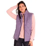Chaleco acolchado color lila con cierre frontal y bolsillos laterales con cierre. Resistente al agua y al viento, hecho con insulación reciclada.