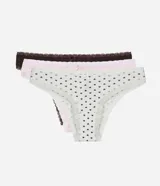 Kit de tres bombachas tipo bikini de algodón suave, con detalles de encaje y moños decorativos. Incluye una prenda blanca con estampado de corazones, una rosa claro y una marrón oscuro.