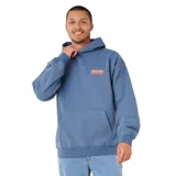 Canguro de algodón y poliéster color azul, con capucha, bolsillo frontal tipo canguro y logo de la marca estampado en el pecho en color naranja.