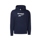 Buzo canguro azul marino con capucha y logo Reebok Vector estampado en blanco y verde en el pecho.