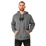 Buzo con capucha de felpa en color gris jaspeado, con bolsillo tipo canguro frontal y logo de la marca bordado en el pecho. Presenta puños y ruedo acanalados.