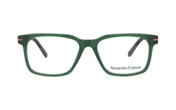 Lentes Nazareno Corsini modelo 0149, con armazón rectangular de color verde oscuro mate y detalles rojos en las esquinas superiores.