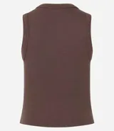 Musculosa cropped de calce ajustado, confeccionada en tejido de ribana acanalado con cuello redondo. Presenta un diseño básico sin mangas y superficie con textura de rayas verticales en relieve.