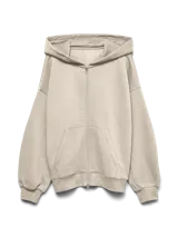 Campera con capucha y cierre frontal completo, confeccionada en tejido de felpa suave. Presenta mangas largas con puños elásticos, bolsillos tipo canguro y un calce holgado.