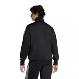 Campera deportiva Adidas modelo Firebird, color negro con cierre frontal completo, cuello alto y las icónicas tres tiras blancas en las mangas. Presenta el logo del trifolio bordado en el pecho y bolsillos laterales con cierre.
