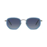 Lentes de sol Azzaro con marco plateado y doble borde azul. Lentes grises degradé y patillas plateadas con detalle de tres líneas horizontales en el frente.