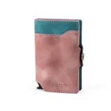 Billetera minimalista de cuero sintético color rosa y celeste, con sistema de apertura automática para tarjetas.