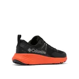 Championes de senderismo Columbia modelo Konos TRS, color negro con mediasuela naranja vibrante. Presentan empeine de malla técnica con sobrecapas sin costuras, sistema Navic Fit para ajuste en el mediopié, tecnología Omni-Max Plus con mediasuela Techlite+ para amortiguación y suela Adapt Trax para tracción en diversas superficies.