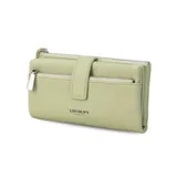 Billetera Lincoln's de mujer en color negro, confeccionada en símil cuero con textura granulada. Presenta un diseño rectangular con cierre de broche, bolsillo frontal con cierre metálico, correa de mano extraíble y logo de la marca grabado en el frente.