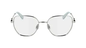 Lentes de receta Longchamp con armazón metálico plateado de forma geométrica redondeada y patillas con terminales en color celeste.