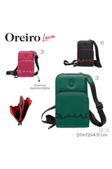 Porta celular de cuero sintético negro con detalles en color rojo. Presenta el logo de la marca en relieve en la parte superior y el nombre de la marca bordado en rojo en el frente. Incluye correa ajustable y cierre perimetral.