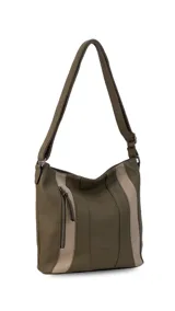 Cartera bandolera color marrón con detalles en gamuza. Tiene correa regulable, cierre metálico frontal y trasero, y división interna.