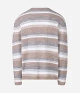 Suéter Marfinno de cuello redondo y mangas largas, confeccionado en tricot texturizado con diseño de rayas horizontales en tonos degradé de beige, blanco, gris y marrón.