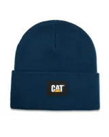 Gorro de lana tipo beanie de Caterpillar, color azul oscuro, con vuelta y parche frontal rectangular con el logo de la marca en blanco y amarillo.
