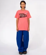 Remera color crudo con cuello redondo y manga corta. Estampado frontal de una banderín marrón con la palabra "BOSTON" en letras doradas con efecto glitter. Incluye dos pines decorativos prendidos en la zona superior derecha del pecho.