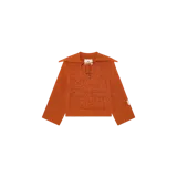 Sweater Eme Studios de punto color óxido, con cuello ancho tipo marinero, abertura frontal con cordón ajustable, mangas largas y corte holgado.