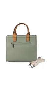 Cartera estructurada de tamaño mediano, confeccionada en símil cuero color negro. Presenta doble asa de mano, correa larga ajustable y desmontable, y un bolsillo trasero con cierre. El compartimento principal cuenta con cierre, división interna y bolsillos organizadores.
