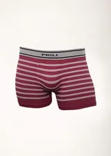 Boxer de microfibra color borgoña con rayas horizontales blancas y cintura elástica gris con el logo de la marca.