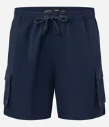 Bermuda masculina de poliamida ligera color azul marino, con cintura elástica, cordón de ajuste y bolsillos cargo funcionales.