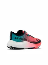 Championes de trail running Columbia Konos Speed Trail At Omni-Max, modelo ultraligero con diseño degradado en tonos fucsia, negro y verde turquesa, entresuela blanca y suela con tracción especializada.